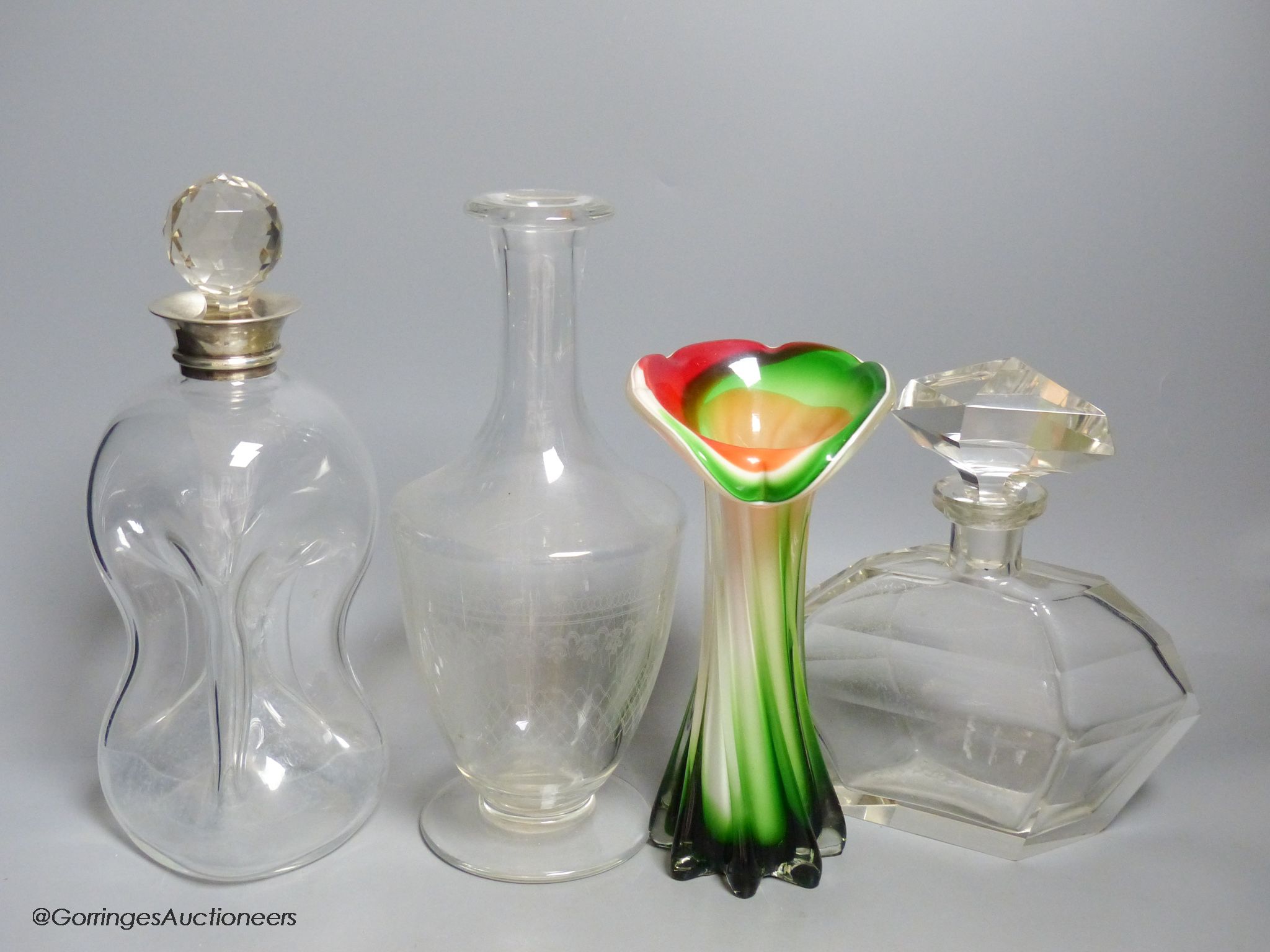 A silver-mounted decanter, a carafe vase and an Art Deco scent bottle